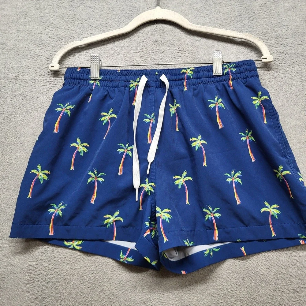 Chubbies Men Swimwear M Navy Blue Swim Trunks Floral Palm‎ Trees Casual Logo 3